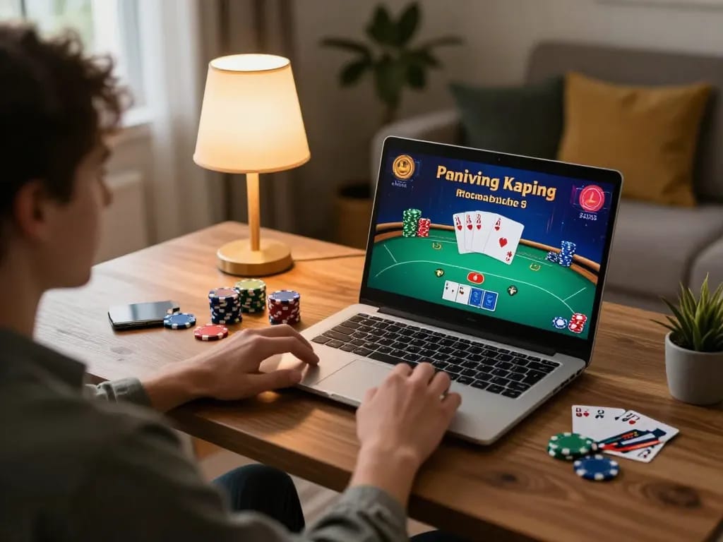 Playing giường bệnh nhân-focused online poker game on laptop in cozy home setup.