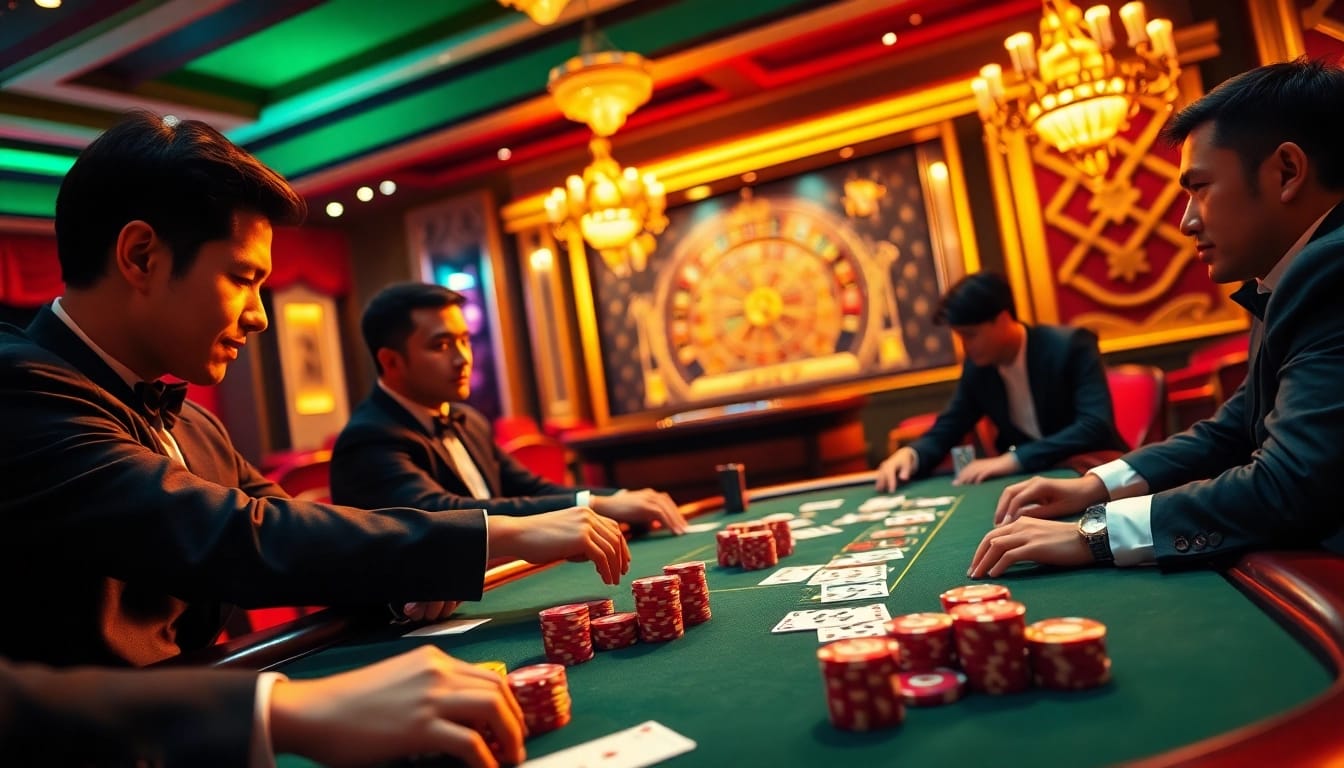 Playing poker at a high-stakes table at hz88 nhà cái with vibrant chips and cards.