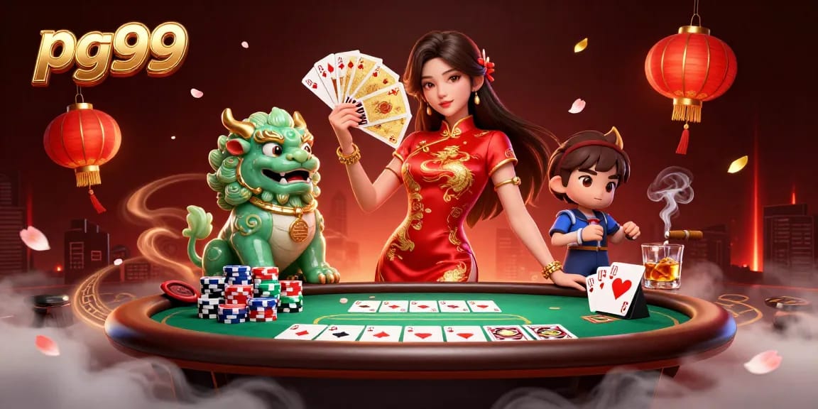 Experience thrilling gaming action at pg99 with a Chinese qipao-clad dealer and vibrant casino elements.