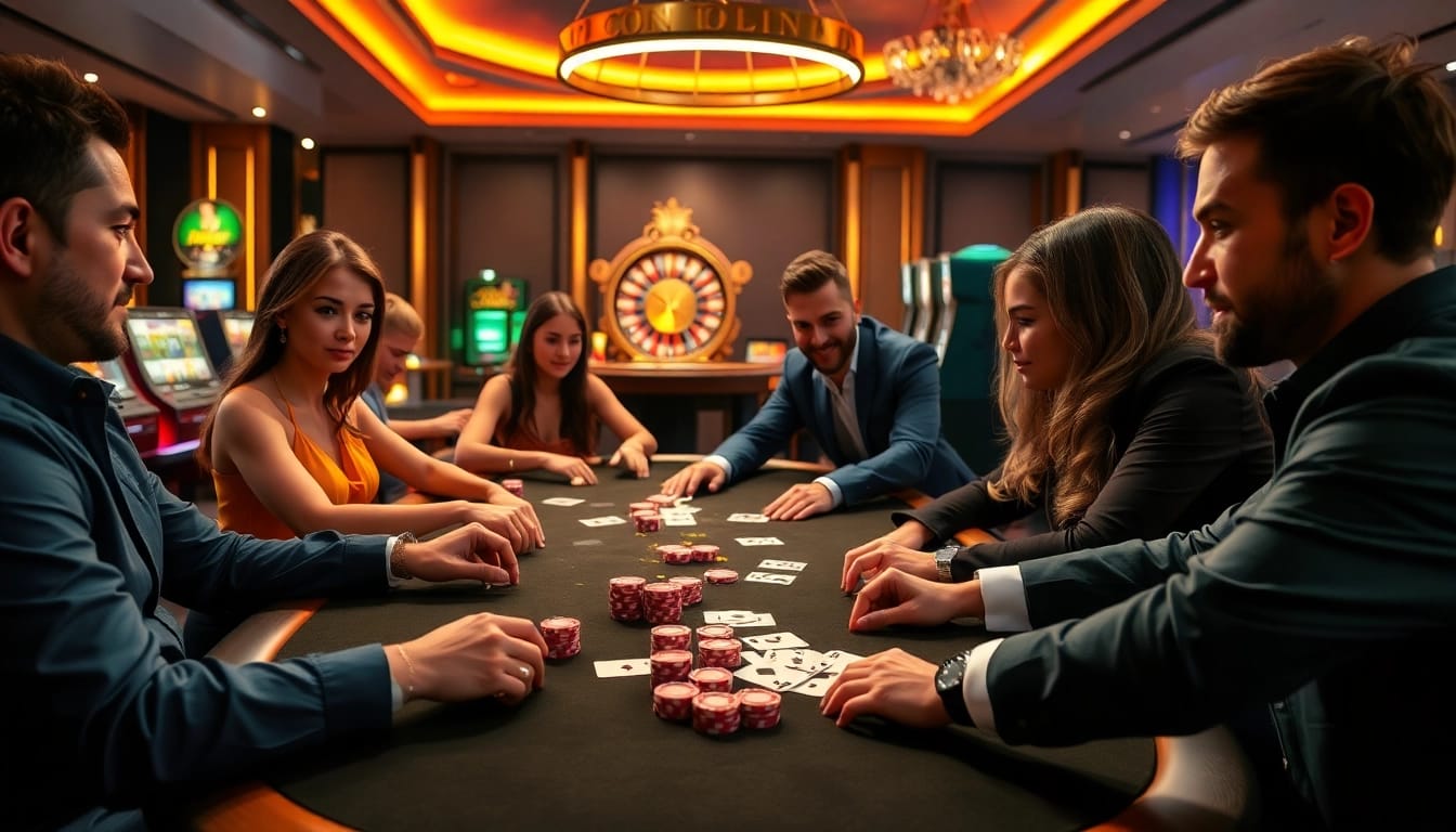 Players enjoying a thrilling game on Onicplay with poker chips and cards at a stylish casino table.