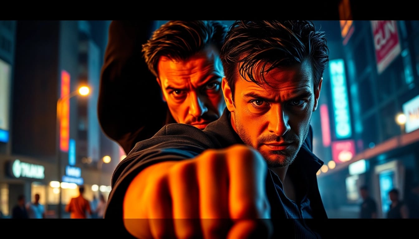 Action-packed thriller scene showcasing a dramatic confrontation between hero and antagonist.