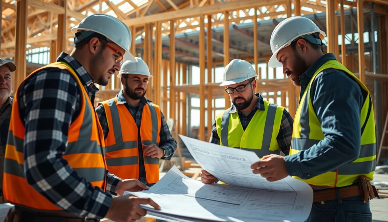Find skilled good builders near me reviewing plans on a vibrant construction site.