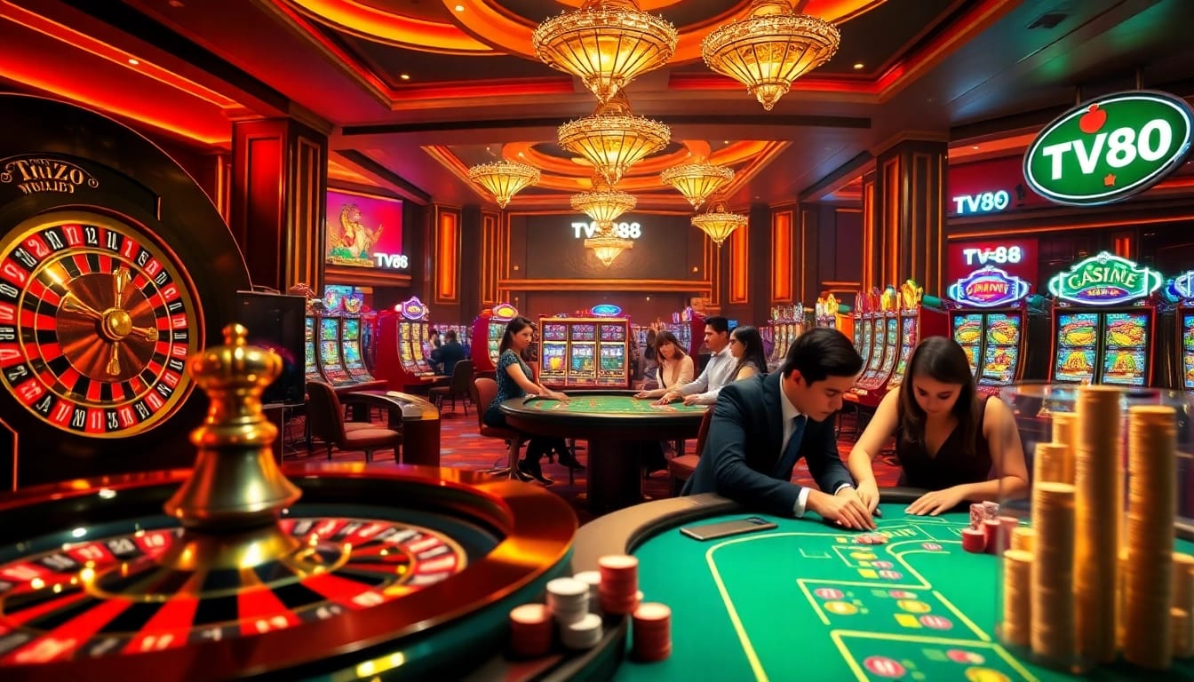 Excited players at a luxurious casino enjoying games, focusing on TV88 for thrilling gambling experiences.