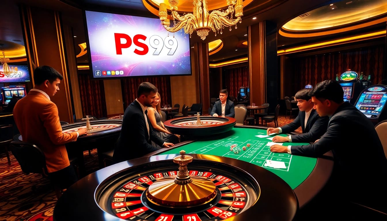 Players strategizing at a table while engaging with PS99's online gambling experience.