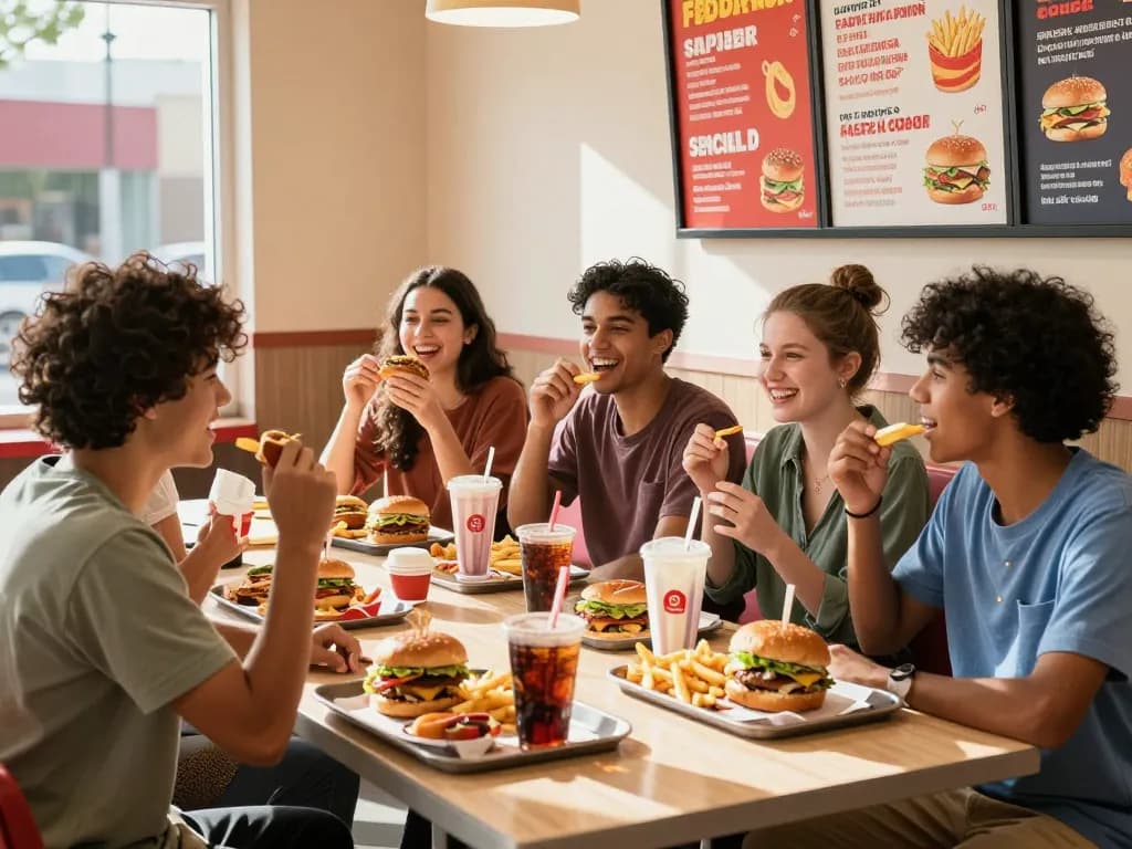 Exciting fast food menu experience with friends enjoying burgers and fries in a lively restaurant.