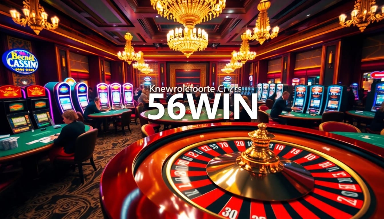 Experience the thrill of 56WIN with luxurious casino tables and vibrant slot machines.