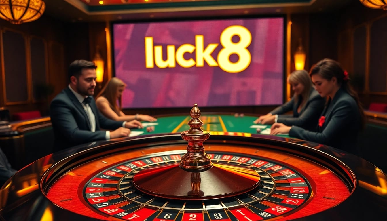 Excited poker players enjoying the thrill of luck8 at a vibrant casino table.