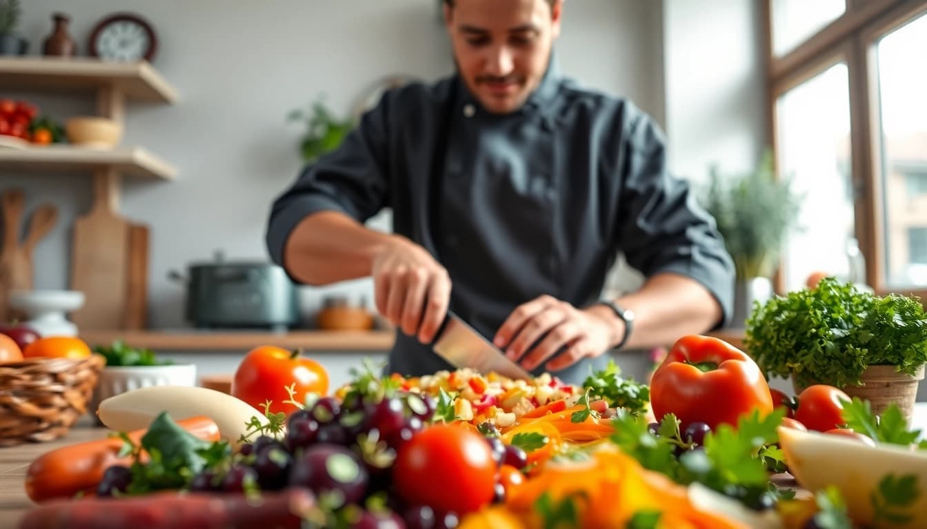 Chef showcasing vibrant cooking techniques at dishfacts.com in a inviting, sunny kitchen setting.