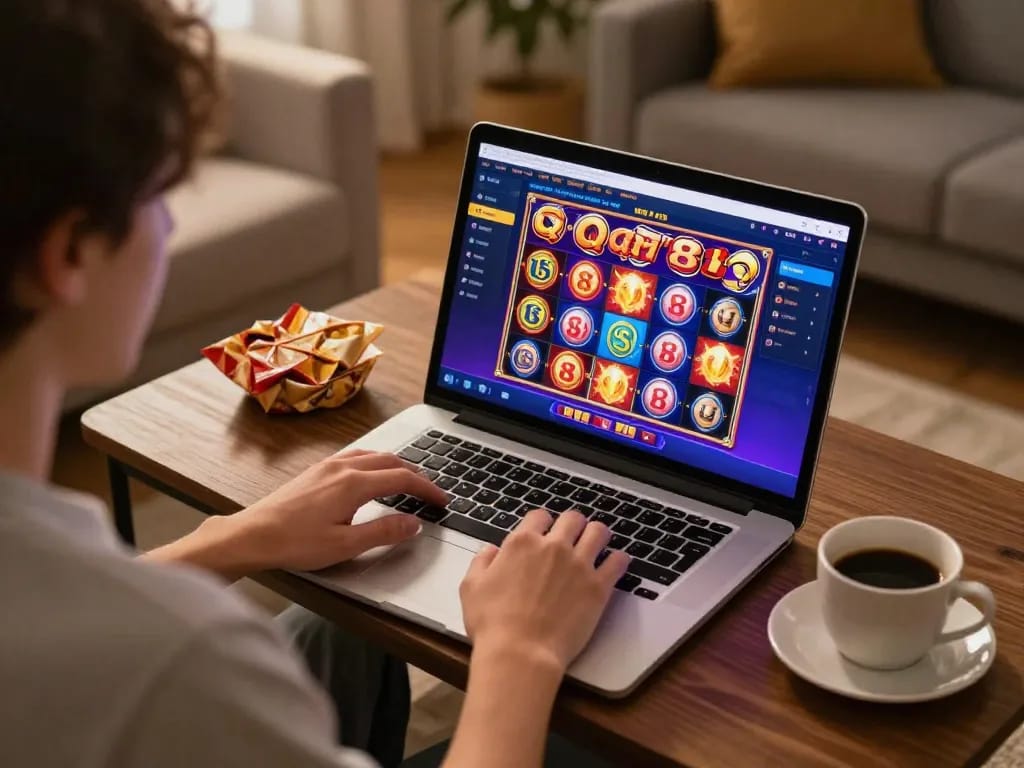 Engaging in online gaming at qq88, a player concentrates on vibrant slot games in a cozy home setting.