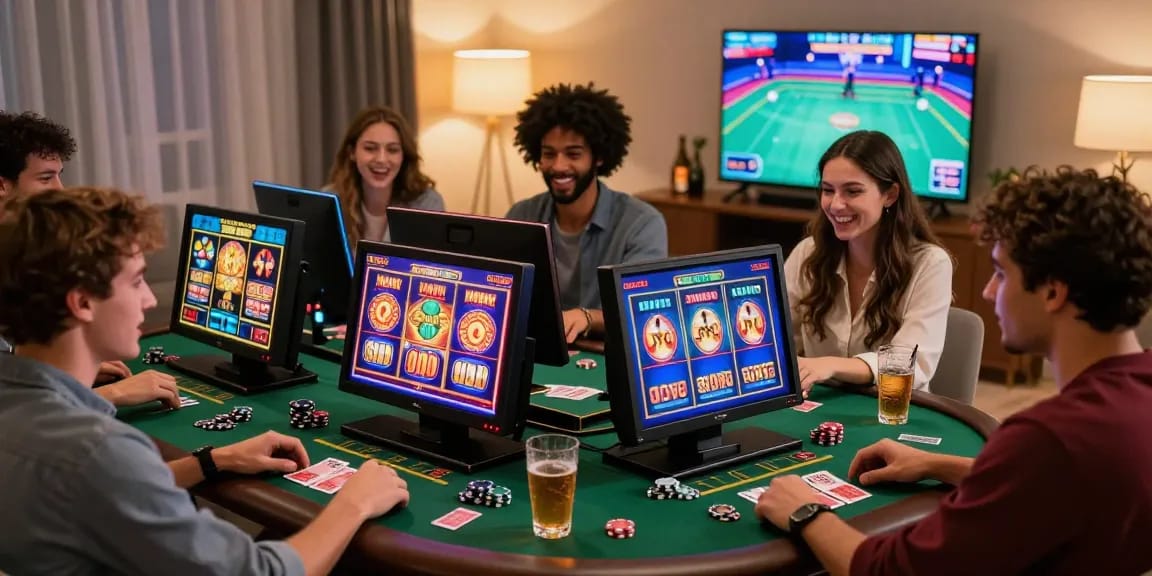 Exciting moment playing slot games online with friends in a vibrant home gaming setup.