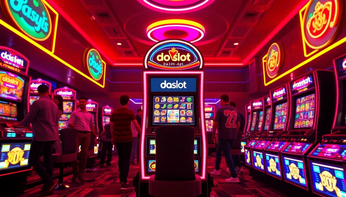 Exciting doaslot online casino scene with vibrant slot machines and enthusiastic players.
