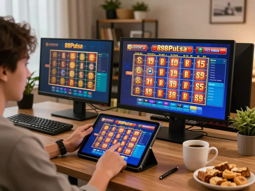 Pemain yang terlibat menikmati slot 88Pulsa di rumah, menampilkan setup permainan modern.