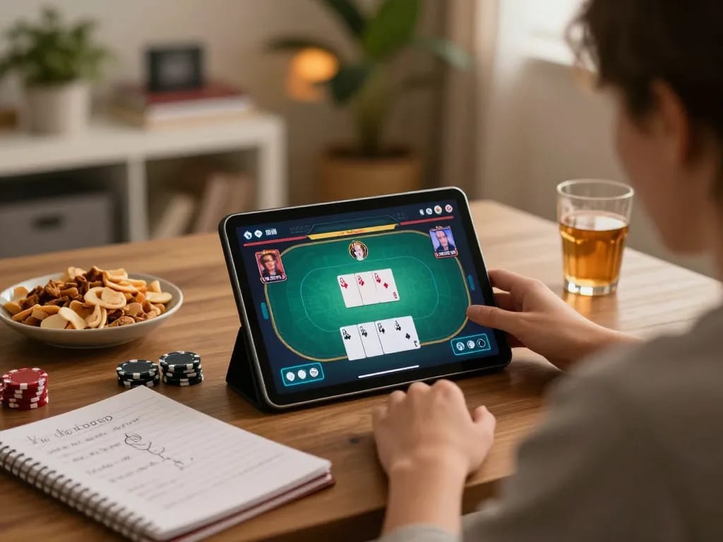 xx88 player engaging in an exciting online poker game on a tablet, showcasing strategic gameplay.