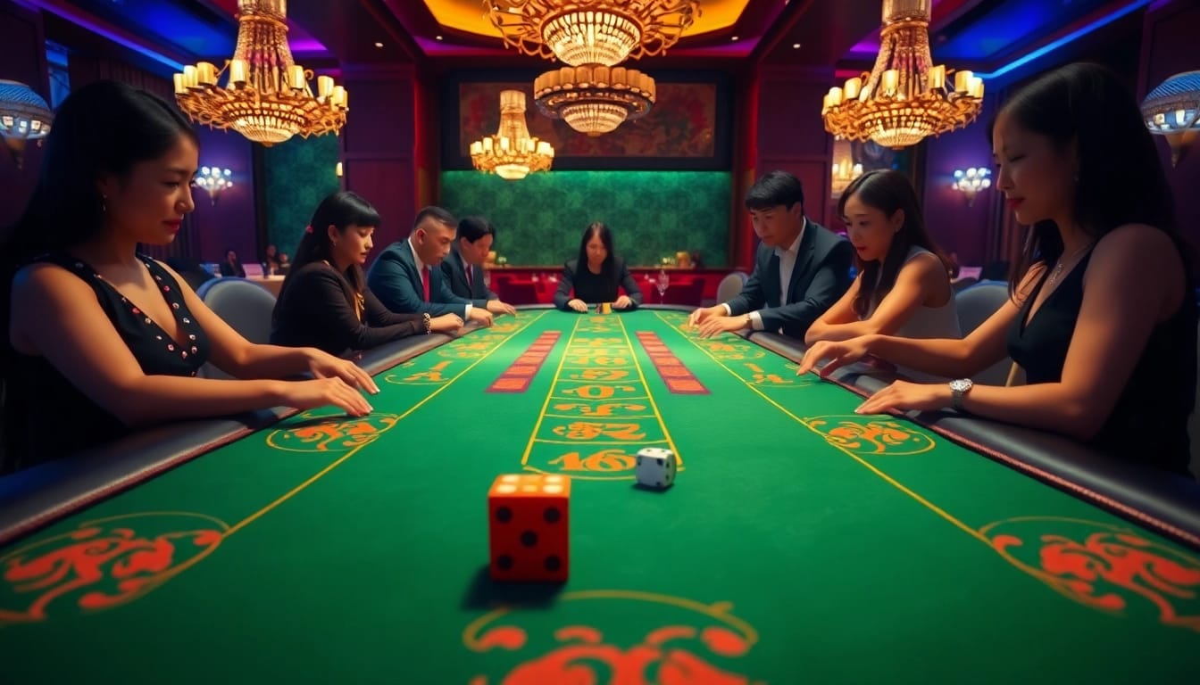 Experience the thrill of 789club tài xỉu with vibrant casino gameplay featuring dice, chips, and enthusiastic players.