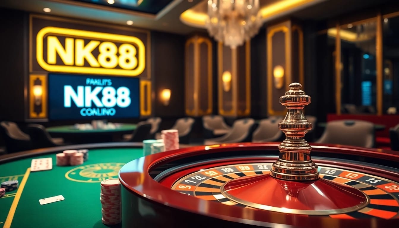 NK88 luxury casino scene with roulette wheel, poker chips, and ambient lighting.