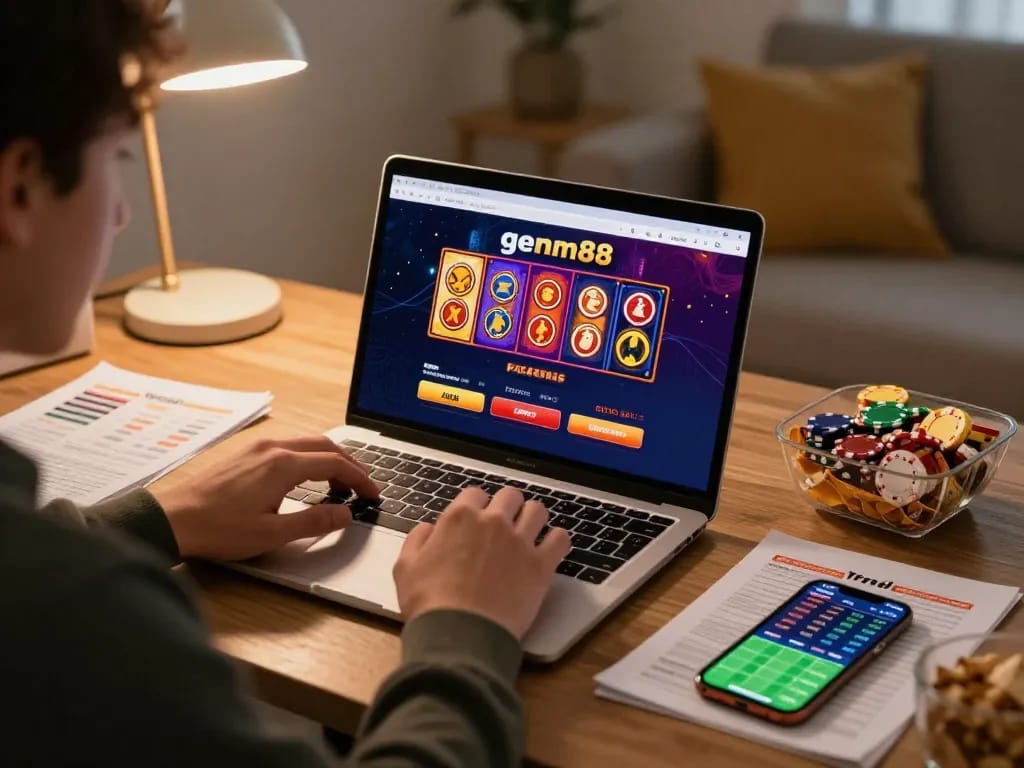 Person enjoying online gaming at gem88, showcasing active betting on poker and slots.