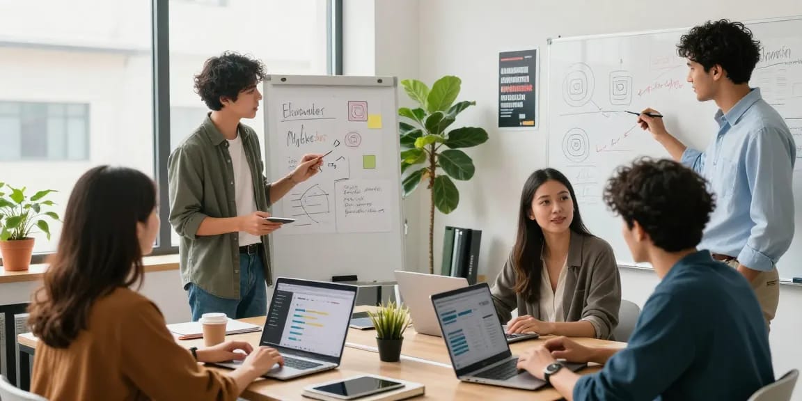 Eine Gruppe von Fachleuten, die Strategien zum Kauf von Instagram-Abonnenten auf Französisch in einem modernen Büro brainstormen.