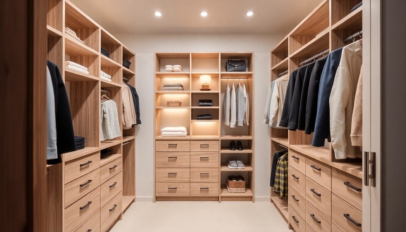 Closets perfectly designed with aesthetic wooden shelves and organized storage solutions.