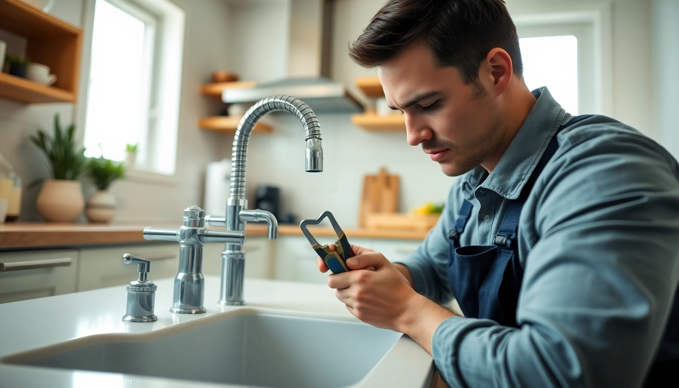 Plumber repairing a sink in a warm kitchen for https://speedyservicestoday.com.au services.