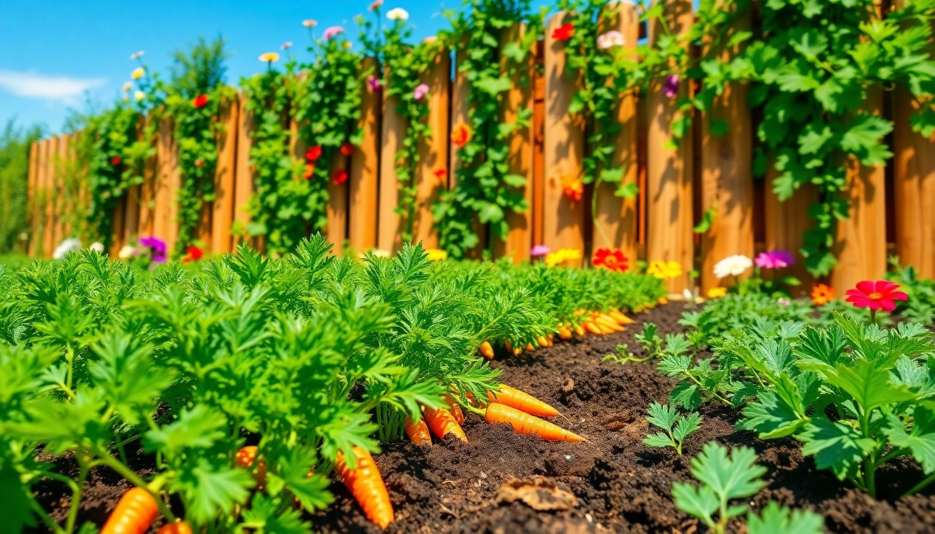 Gardening in a lush vegetable garden filled with vibrant blooms and healthy plants.