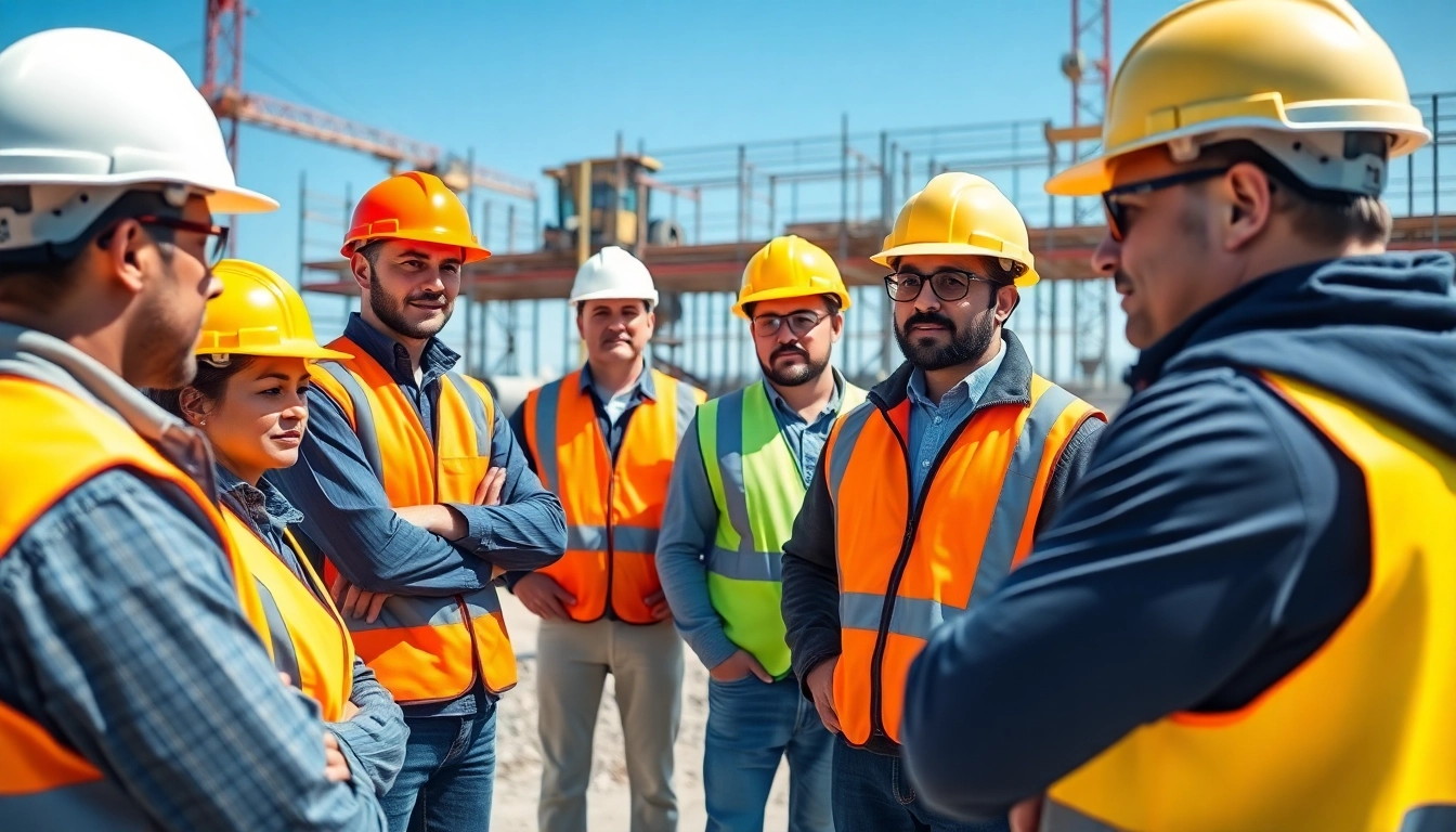 Construction safety training session with workers and a trainer demonstrating protocols on-site.