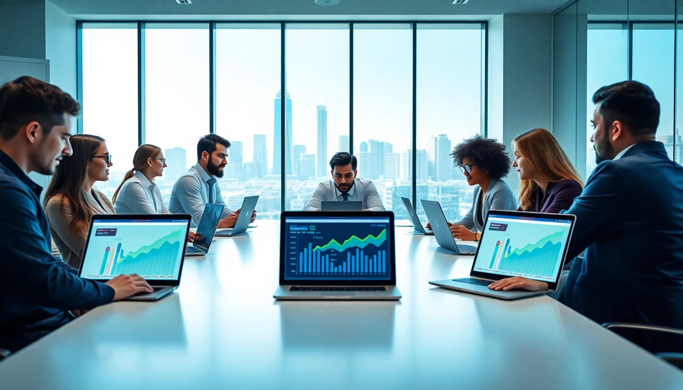 Engaged team analyzing data for https://eztips.com with laptops in a bright office environment.