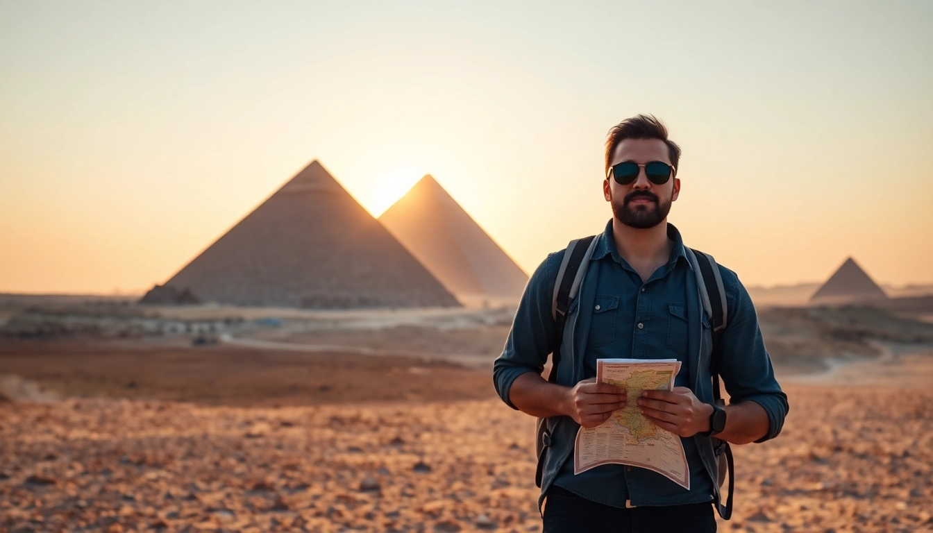 Witness a tourist experiencing the iconic Great Pyramids of Giza at https://emegypt.net during sunset.