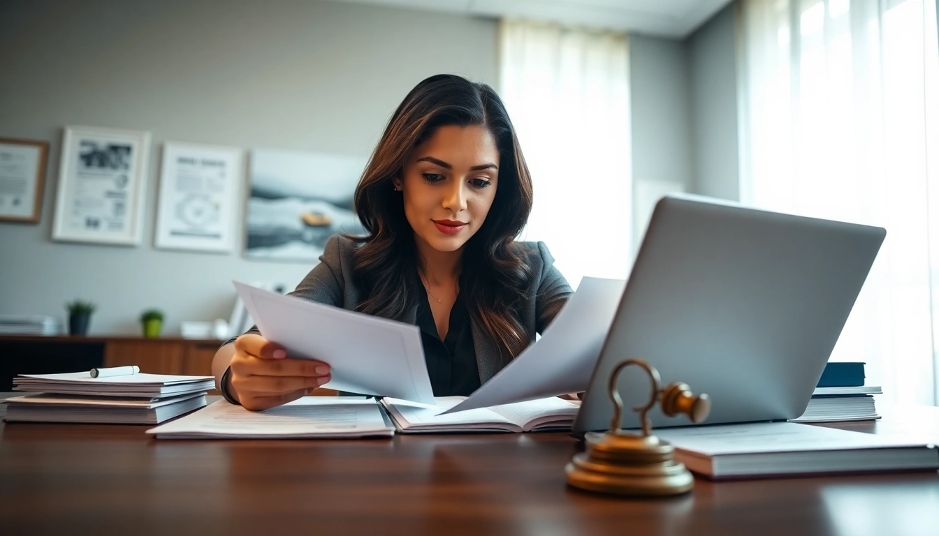 Professional female translator working with legal documents and translation tools, emphasizing 'traductor jurado' services.