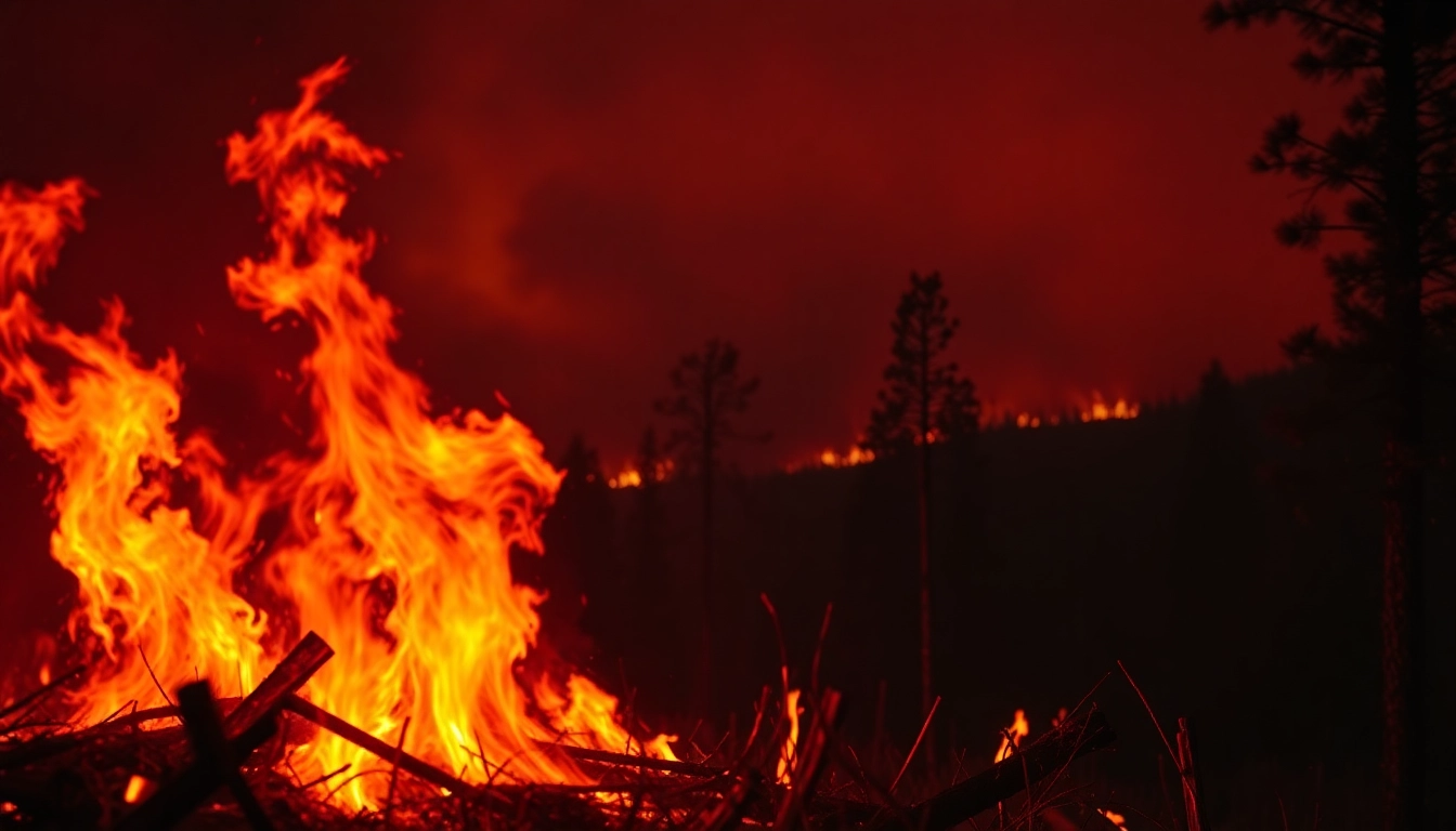 Capture of wildfire events showcasing intense flames and smoke in a forest.