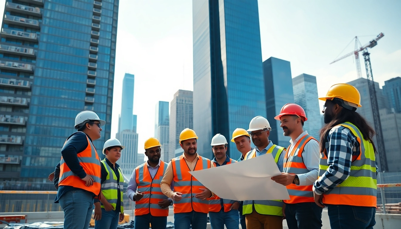 Active construction scene by a New York City General Contractor with workers and skyscrapers.