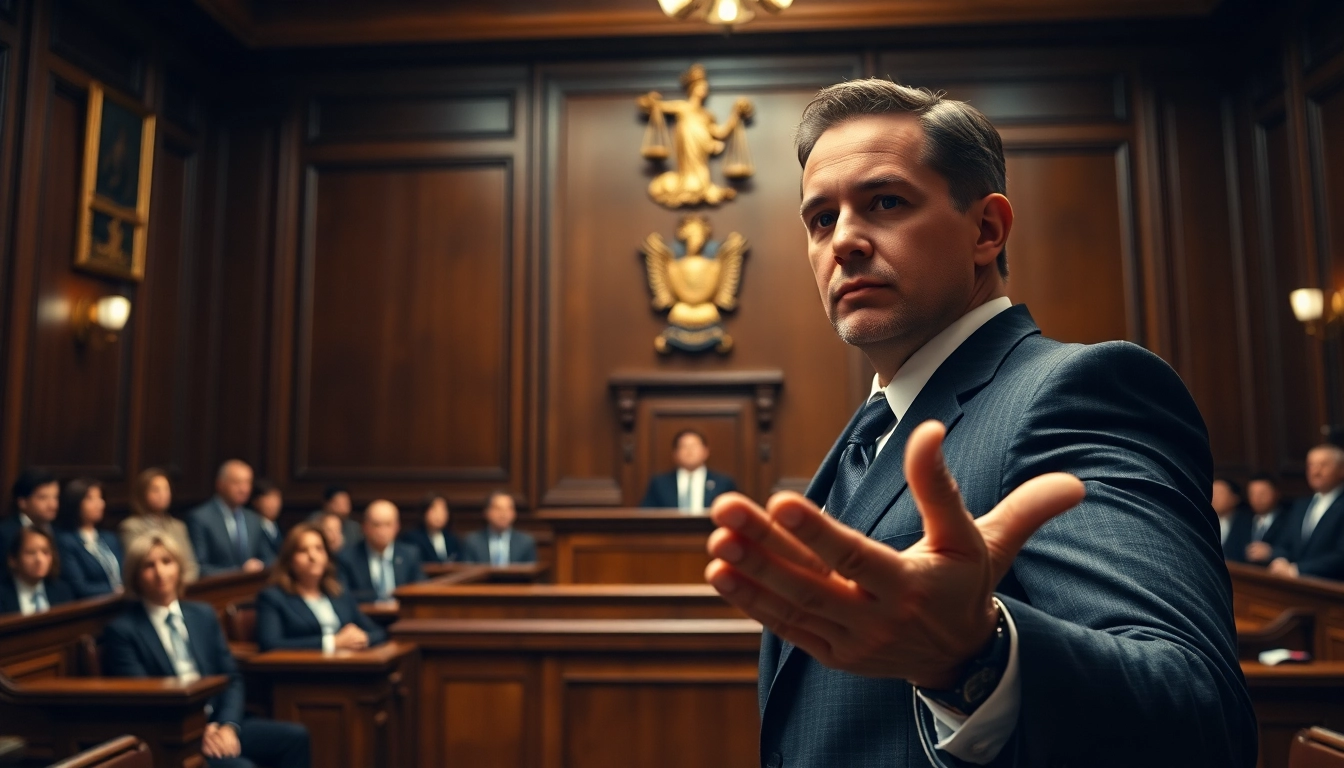 Engaging courtroom scene showcasing https://www.ihavealawsuit.com expert lawyer presenting a case to the judge.
