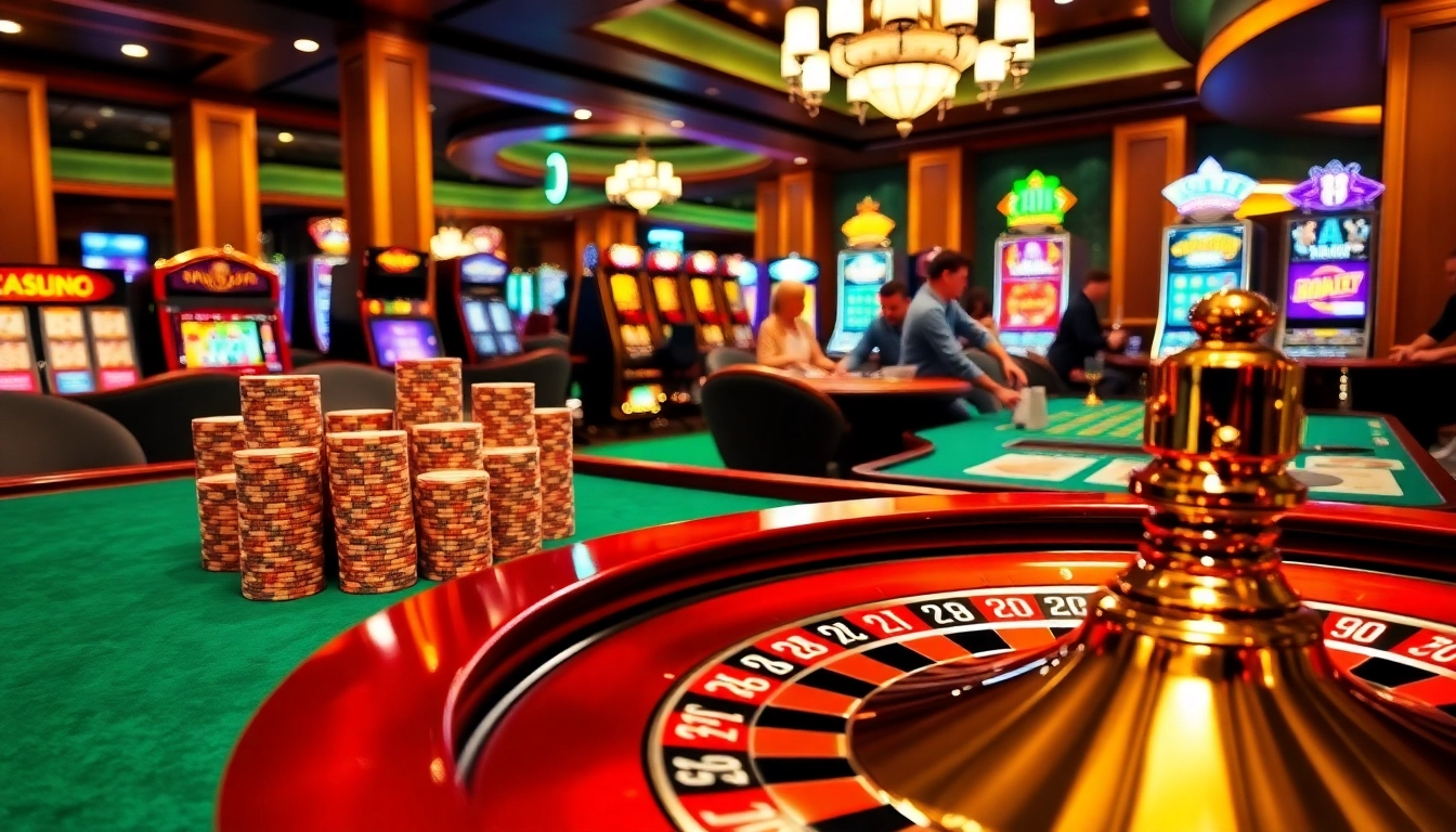 Experience luxurious gaming action at https://f168info.com/ with vibrant casino tables, poker chips, and roulette excitement.