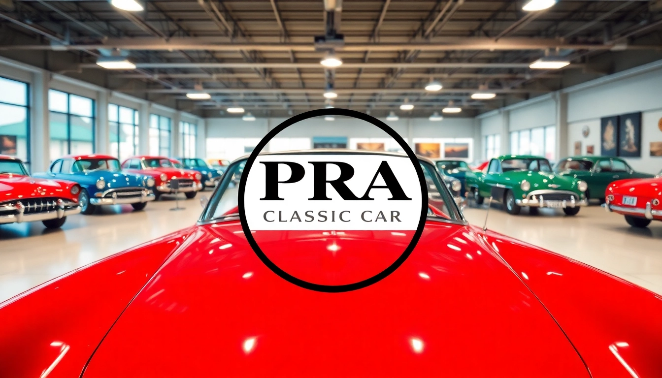 Showcase of PRA Classic Cars in a vibrant showroom featuring vintage vehicles and memorabilia.
