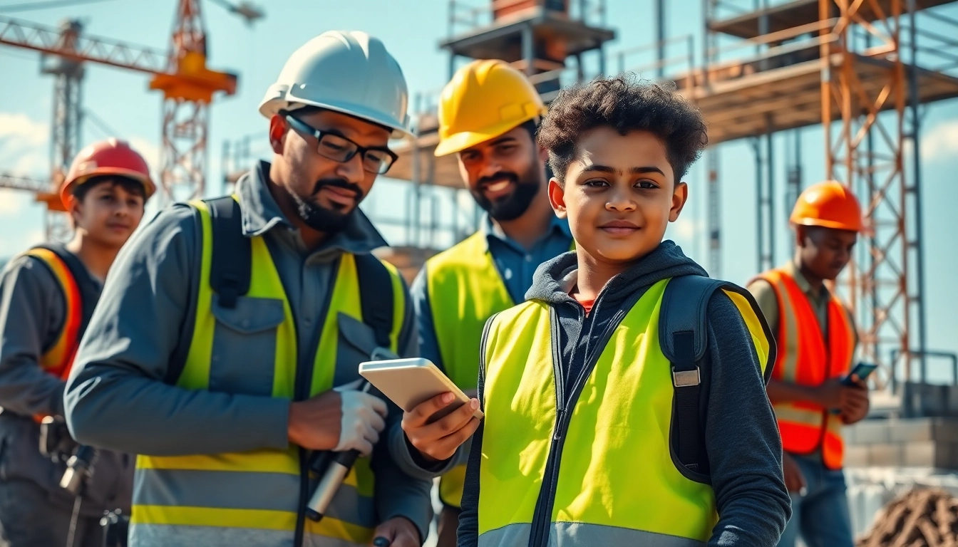 Engaged trainees in a construction apprenticeship learning on-site with mentors and equipment.
