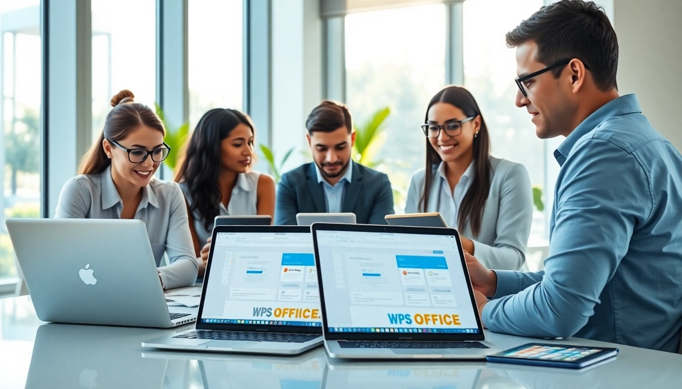 Integrate WPS下载 in a modern office setting with diverse professionals collaborating.