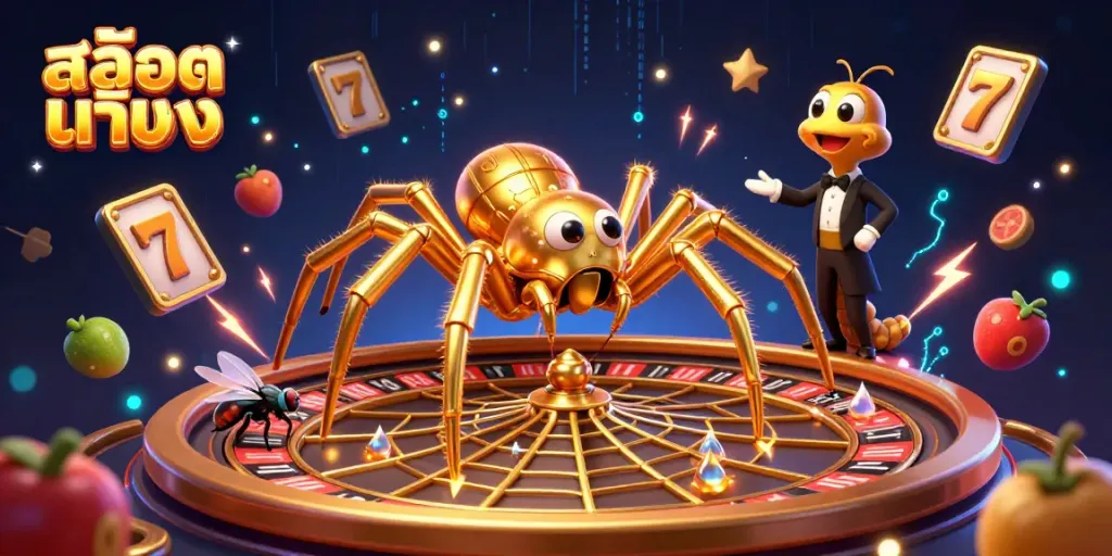 Engage with สล็อตแท้ตรง as a golden spider spins a roulette web while a nervous fly bets in this vibrant 3D scene.