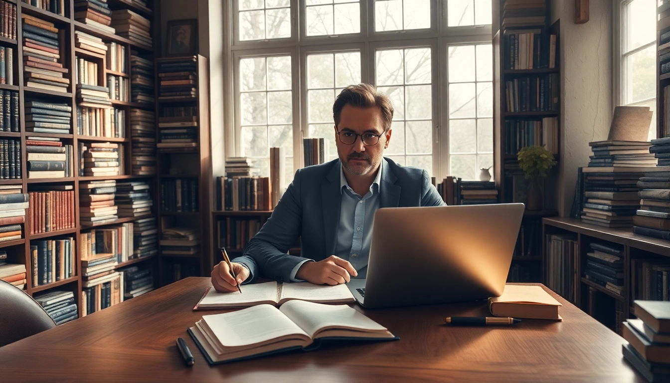 Author writing in a serene study surrounded by inspiring books and natural light.