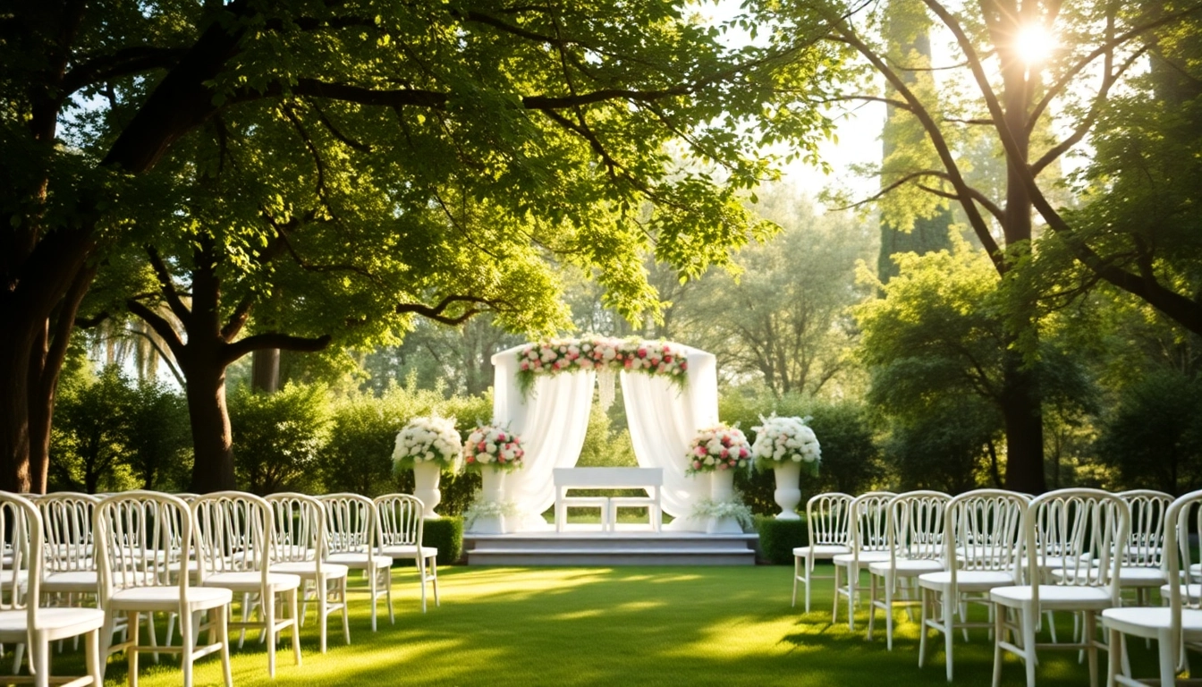 Hochzeitslocation im Garten mit eleganter Bepflanzung und romantischer Atmosphäre.