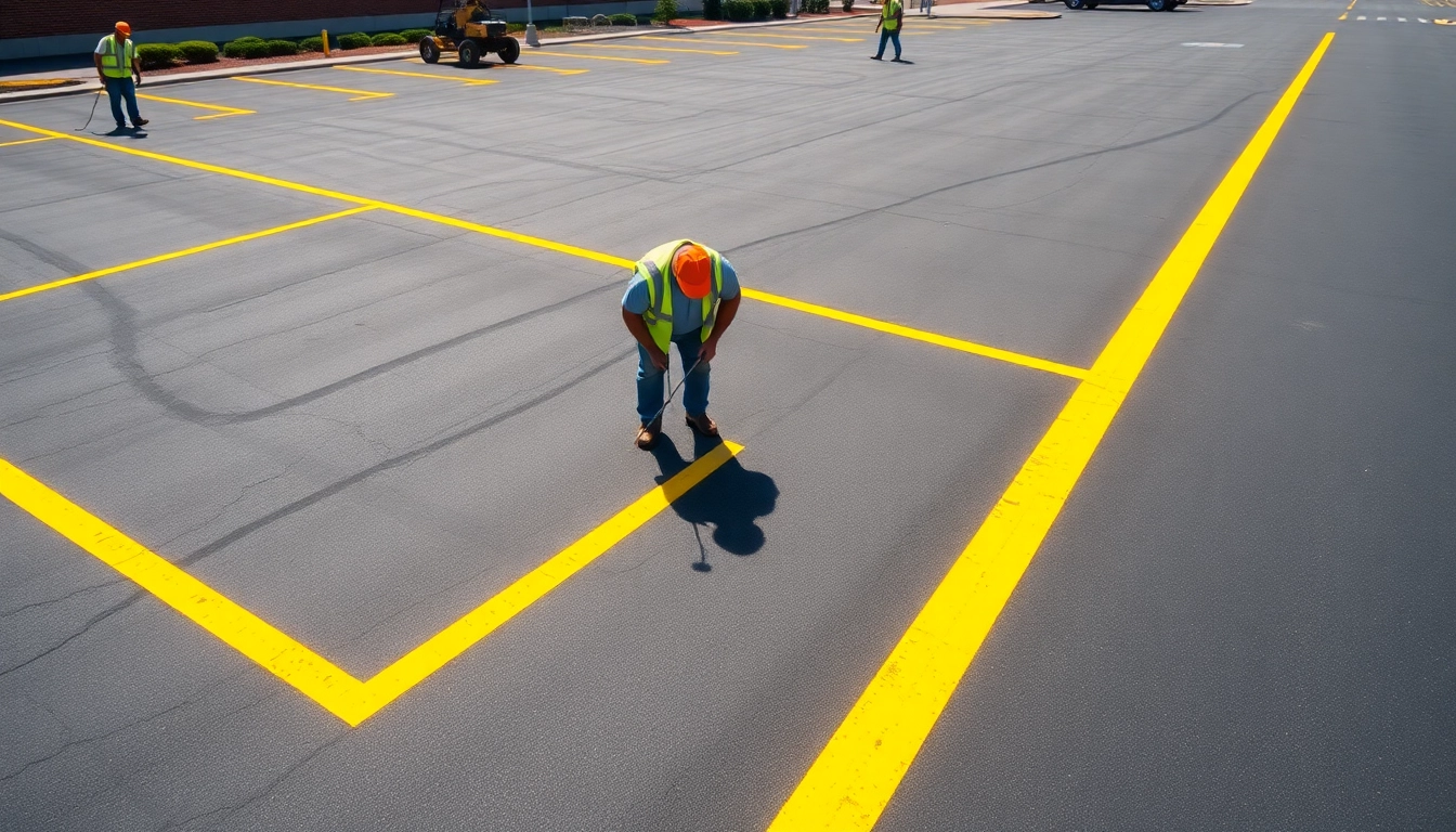 Expert parking lot striping Flowood MS showcasing bright yellow lines on newly paved asphalt.