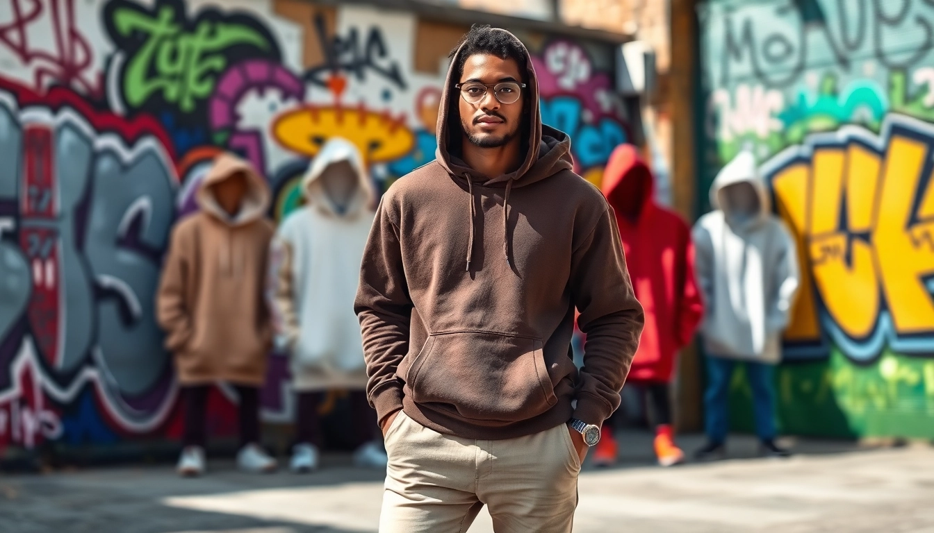 Model wearing blank hoodies against a vibrant graffiti wall in a lively urban setting.
