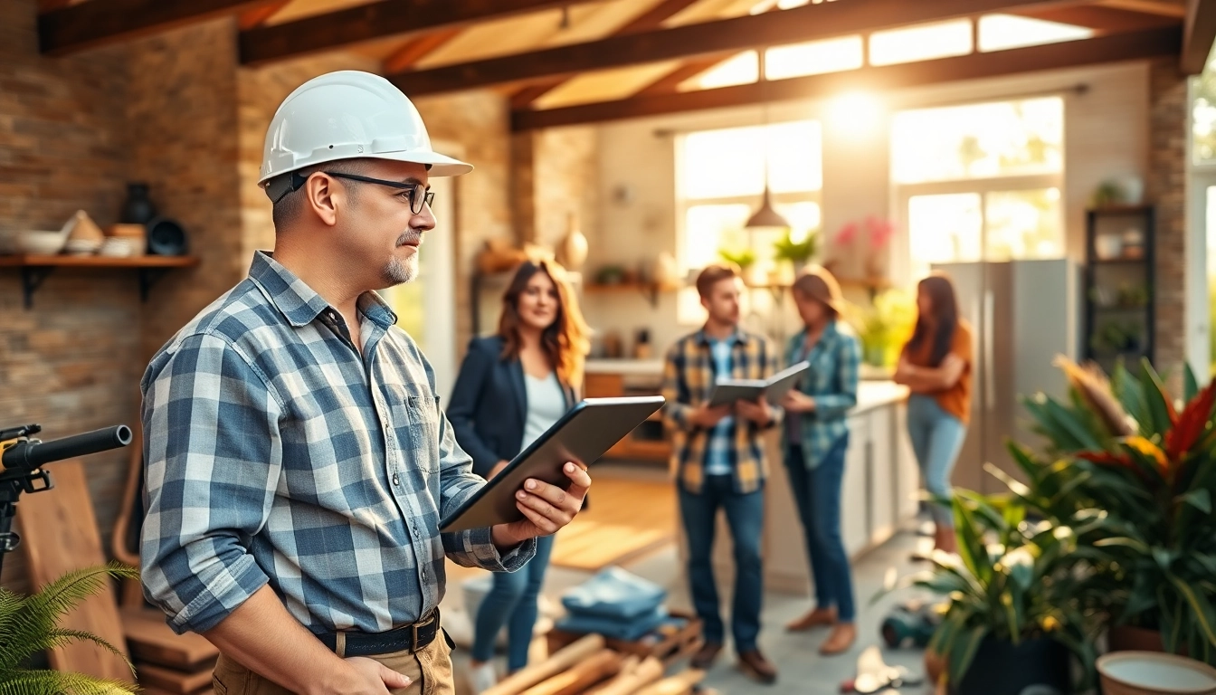 Remodeling Contractor discussing plans at a vibrant home renovation site, demonstrating collaboration and professionalism.