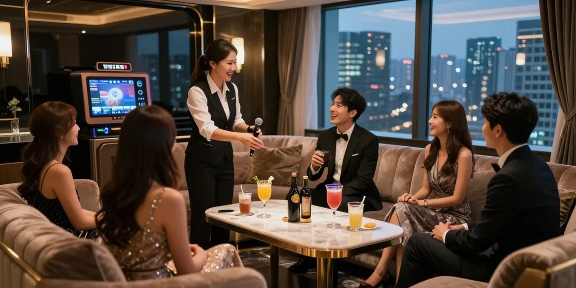 강남쩜오의 고급스러운 노래방에서 전문 의전 인력이 손님을 맞이하는 모습