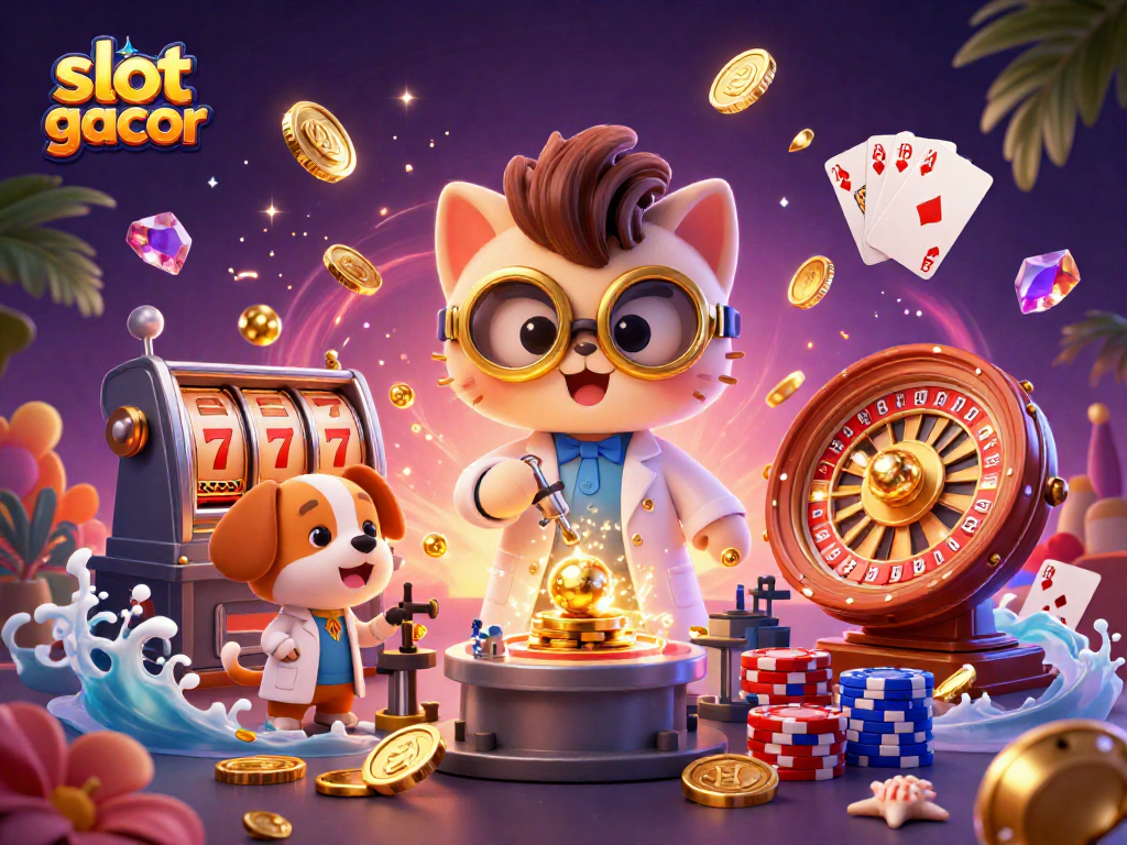 Experience the excitement of slot gacor with vibrant gaming elements and dynamic characters in this 3D illustration.