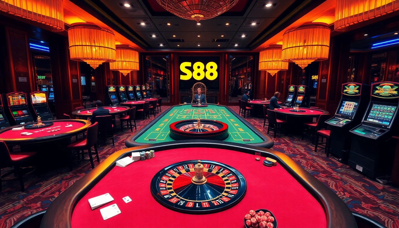 S88 VIP online casino tables filled with vibrant poker chips and players enjoying card games.