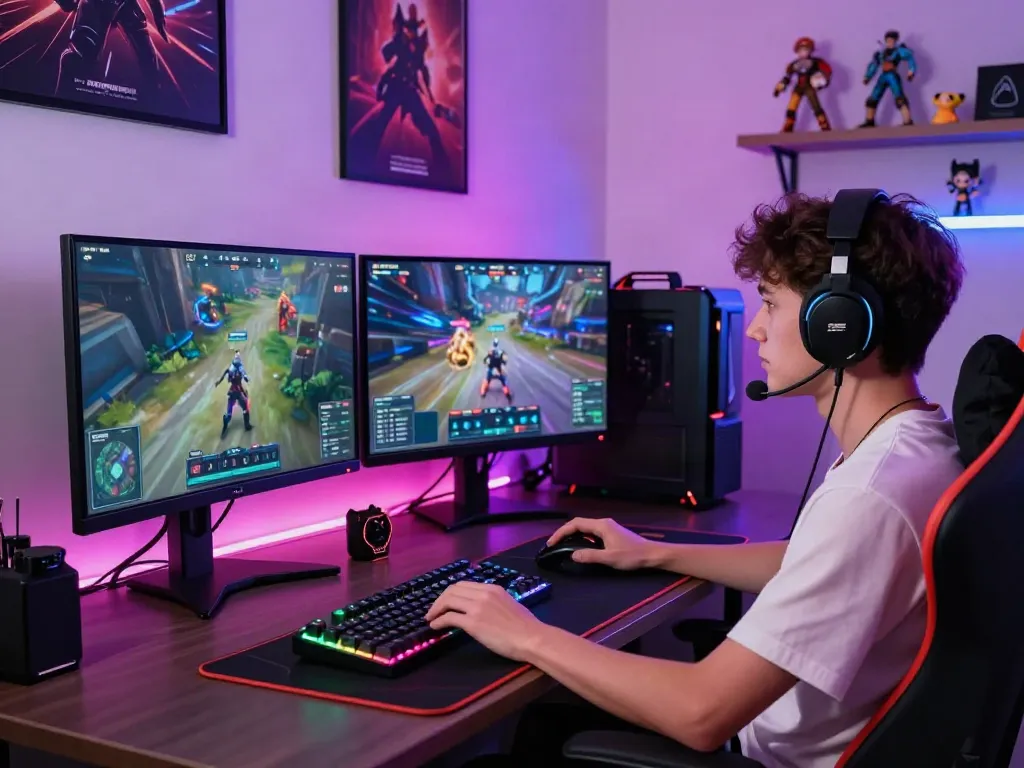 Engaging young adult gaming on the ORION88 platform in a vibrant gaming setup with neon lights.
