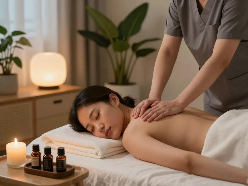 Enjoying a peaceful 부천 출장마사지 at home in a serene setting with soothing elements.