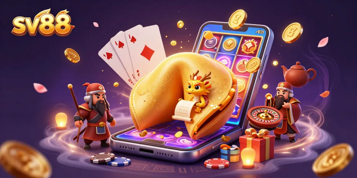 Engage with sv88's golden fortune cookie casino theme, featuring a wise dragon amidst colorful gaming excitement.