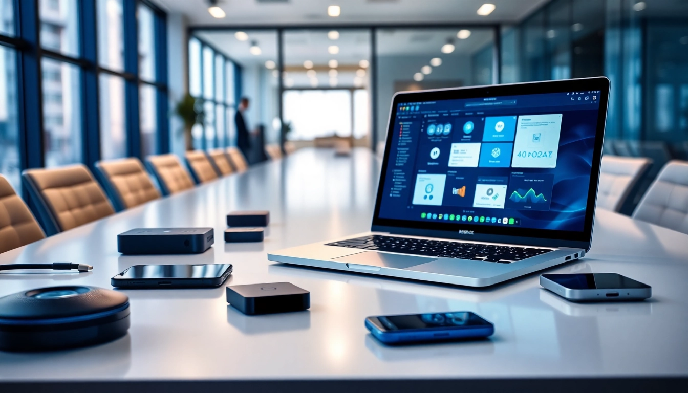 Showcase of innovative ai tools on a modern conference table with tech gadgets.