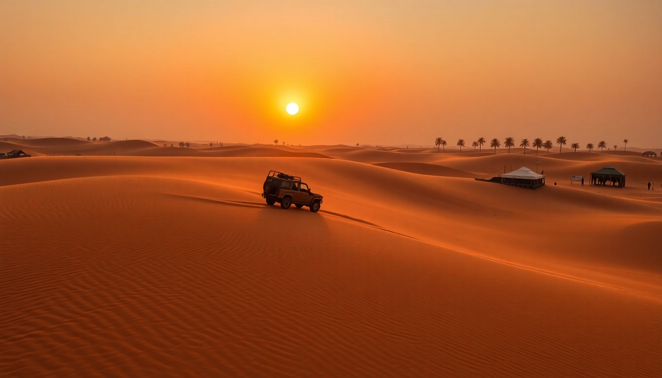 A captivating evening desert safari dubai scene with a 4x4 vehicle against a sunset.