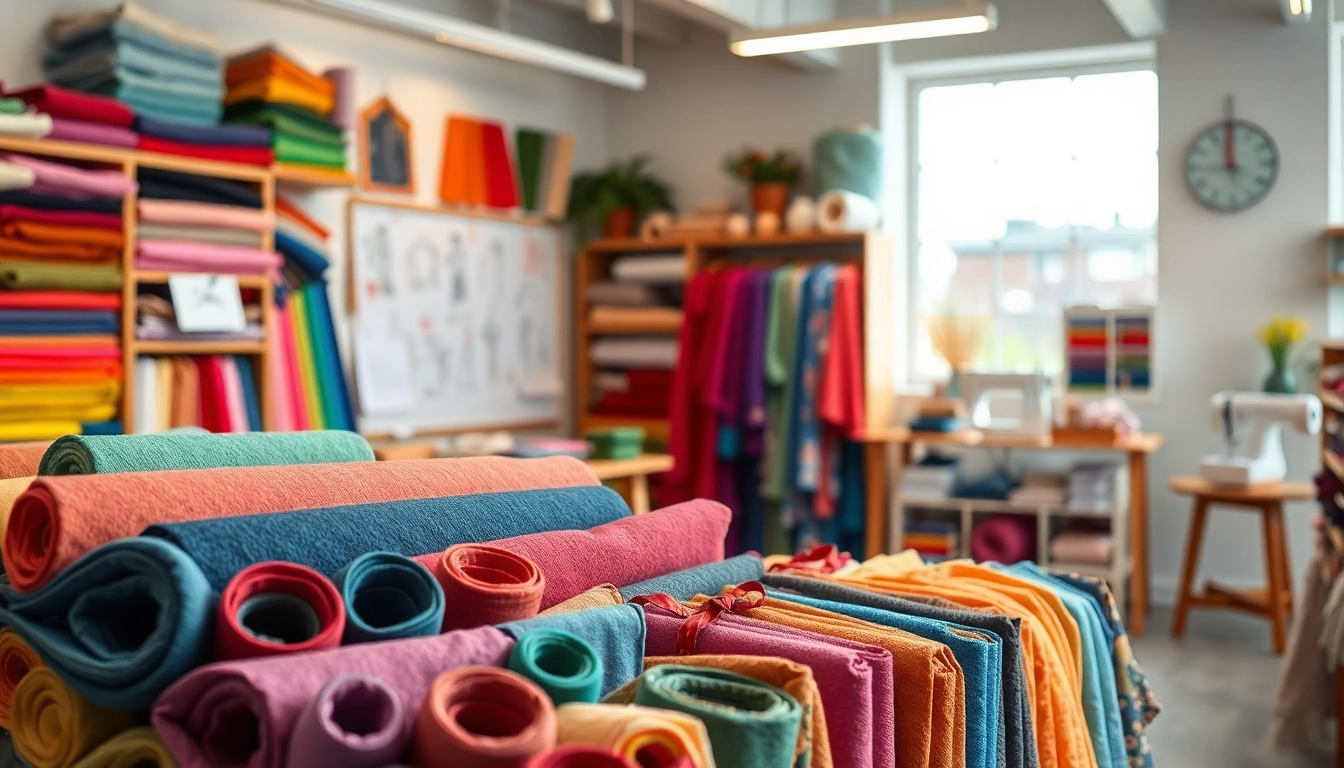 Bekijk stoffen online in een kleurrijke textielwinkel vol diverse stoffen.